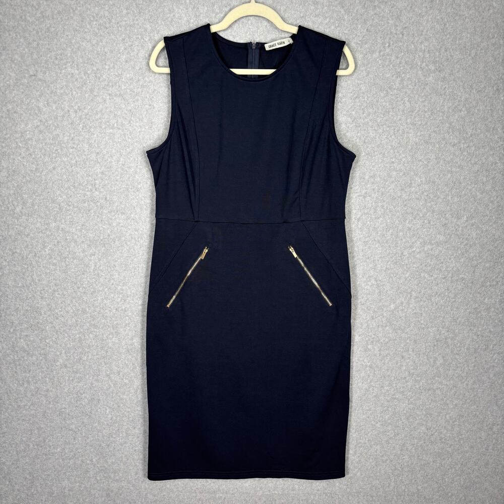 Grace Karin Dress XL Navy Gold Zippers‎ Career Church Capsule Classic Pencil